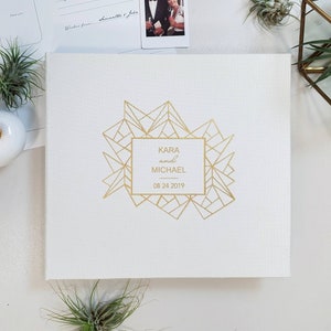 White Geometric Wedding Guest Book With Gold Lettering, Instax Album, Personalized Photo Guest Book, Instax Guest Book, Wedding Photo Album