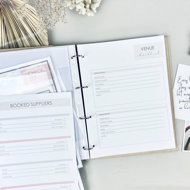 Personalized wedding planner binder to organize your entire wedding in one place — includes all checklists, timelines, budget sheets, and vendor contract sections. Fully customizable cover and spine colors with your names, wedding date, or custom text. Perfect keepsake for brides and wedding planners to stay organized from engagement to wedding day.