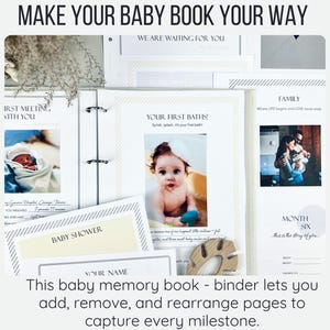 Inside pages of a handmade baby memory book designed to capture milestones and photo memories. Each page features dedicated spaces for firsts like smiles, steps, birthdays, and family moments. With its soft, minimal layout, parents can easily add, remove, or rearrange pages as their baby grows. Thoughtfully designed with photo areas and prompts for notes, this keepsake helps preserve every special moment from birth through the early years in a beautifully organized way.