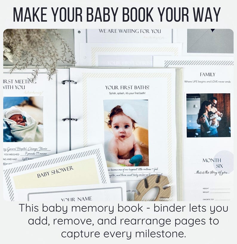 Inside pages of a handmade baby memory book designed to capture milestones and photo memories. Each page features dedicated spaces for firsts like smiles, steps, birthdays, and family moments. With its soft, minimal layout, parents can easily add, remove, or rearrange pages as their baby grows. Thoughtfully designed with photo areas and prompts for notes, this keepsake helps preserve every special moment from birth through the early years in a beautifully organized way.