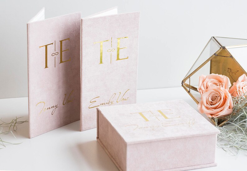 I do wedding Blush pink personalised wedding ring box with wedding vow books and wedding ring pillow Box for wedding ring Custom ring box