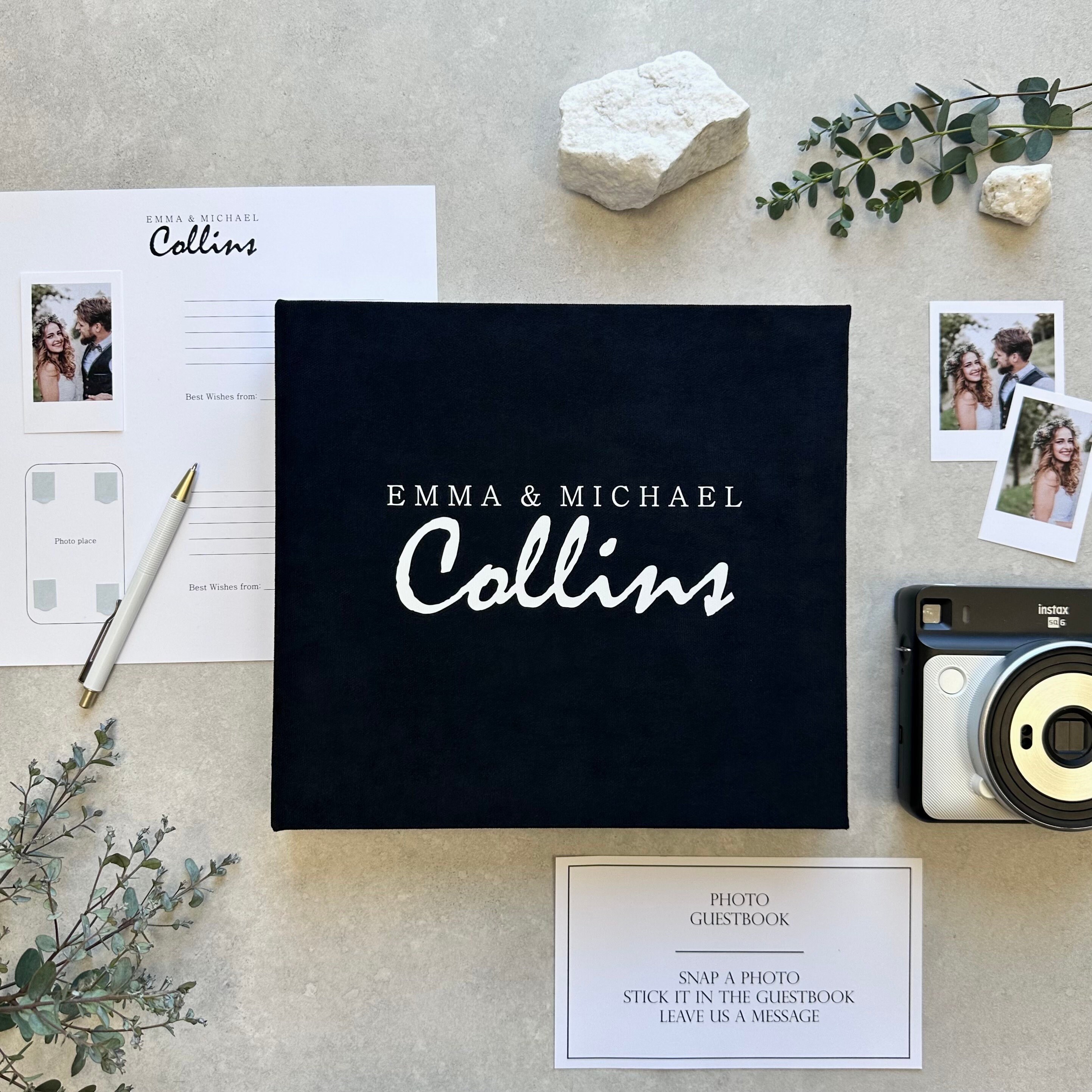 Modern Black Wedding Guestbook With White Lettering, Personalized Photo Guest Book, Instax Wedding Book, Photo Booth Album