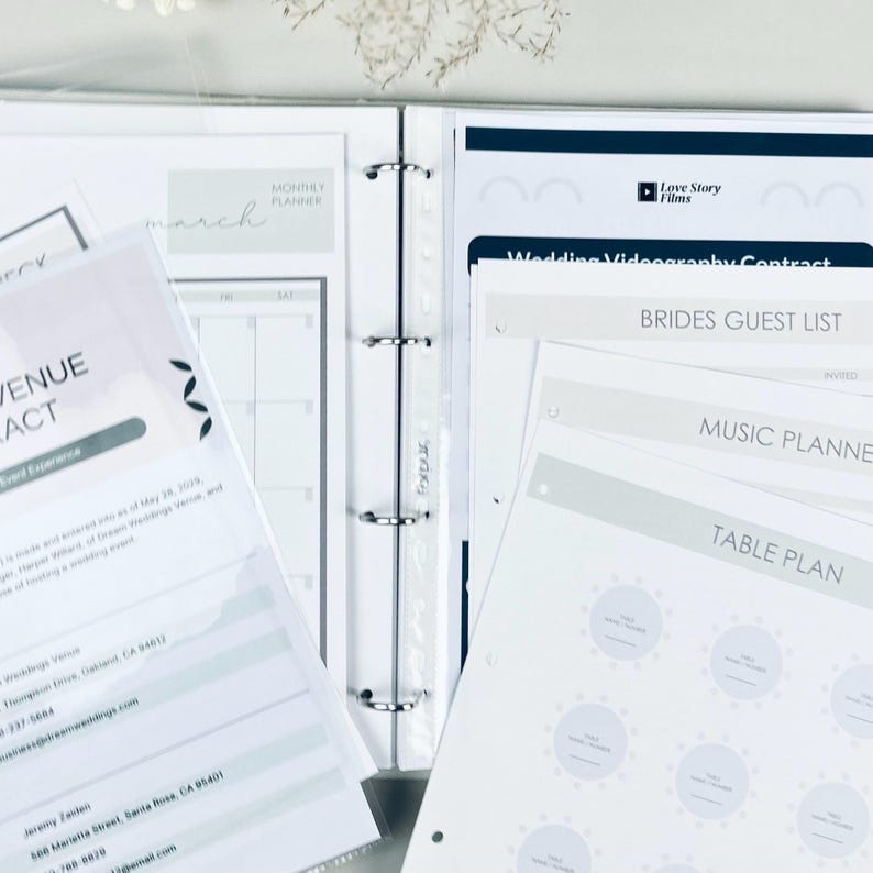 Personalized wedding planner binder to organize your entire wedding in one place — includes all checklists, timelines, budget sheets, and vendor contract sections. Fully customizable cover and spine colors with your names, wedding date, or custom text. Perfect keepsake for brides and wedding planners to stay organized from engagement to wedding day.