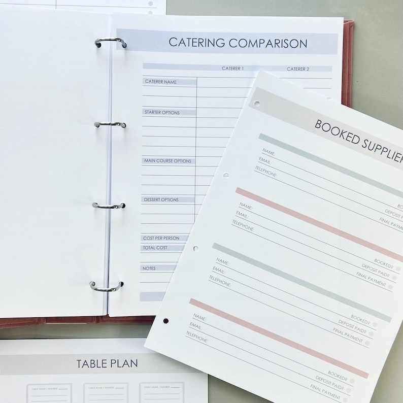 Personalized wedding planner binder to organize your entire wedding in one place — includes all checklists, timelines, budget sheets, and vendor contract sections. Fully customizable cover and spine colors with your names, wedding date, or custom text. Perfect keepsake for brides and wedding planners to stay organized from engagement to wedding day.