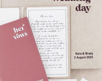May include: A dusty rose "her vows" book and a handwritten letter are displayed on a neutral background. The words "our wedding day" are printed above. The names "Kara & Brady" and the date "2 August 2025" are also visible.