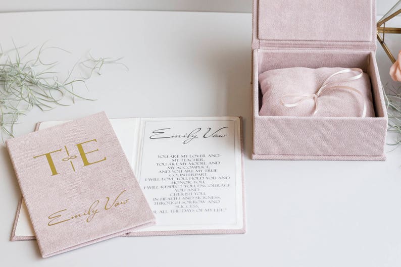 I do wedding Blush pink personalised wedding ring box with wedding vow books and wedding ring pillow Box for wedding ring Custom ring box