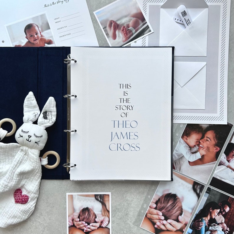 Inside pages of a handmade baby memory book designed to capture milestones and photo memories. Each page features dedicated spaces for firsts like smiles, steps, birthdays, and family moments. With its soft, minimal layout, parents can easily add, remove, or rearrange pages as their baby grows. Thoughtfully designed with photo areas and prompts for notes, this keepsake helps preserve every special moment from birth through the early years in a beautifully organized way.
