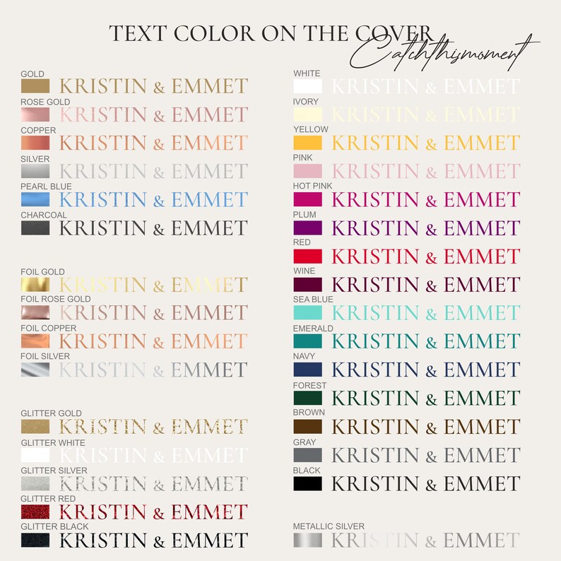 Color Palette for Cover text. The colors include matte gold, matte rose gold, matte copper, matte silver, pearl blue, charcoal, foil gold, foil rose gold, foil copper, foil silver, glitter gold, glitter white, glitter silver, glitter red, glitter black, white, ivory, yellow, pink, hot pink, plum, red, wine, sea blue, emerald, navy, forest, brown, gray, black, and metallic silver.