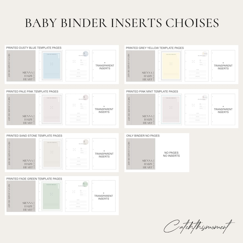 Inside pages of a handmade baby memory book binder featuring customizable printed colors to match your style. You can choose only binder no pages, or printed pages in soft pastel and neutral tones such as dusty blue, pale pink, sand stone, fade green, grey yellow and pink mint.