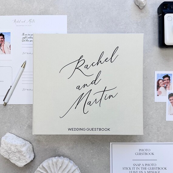 Personalized Ivory Wedding Guest Book: Photo Album with Black Lettering