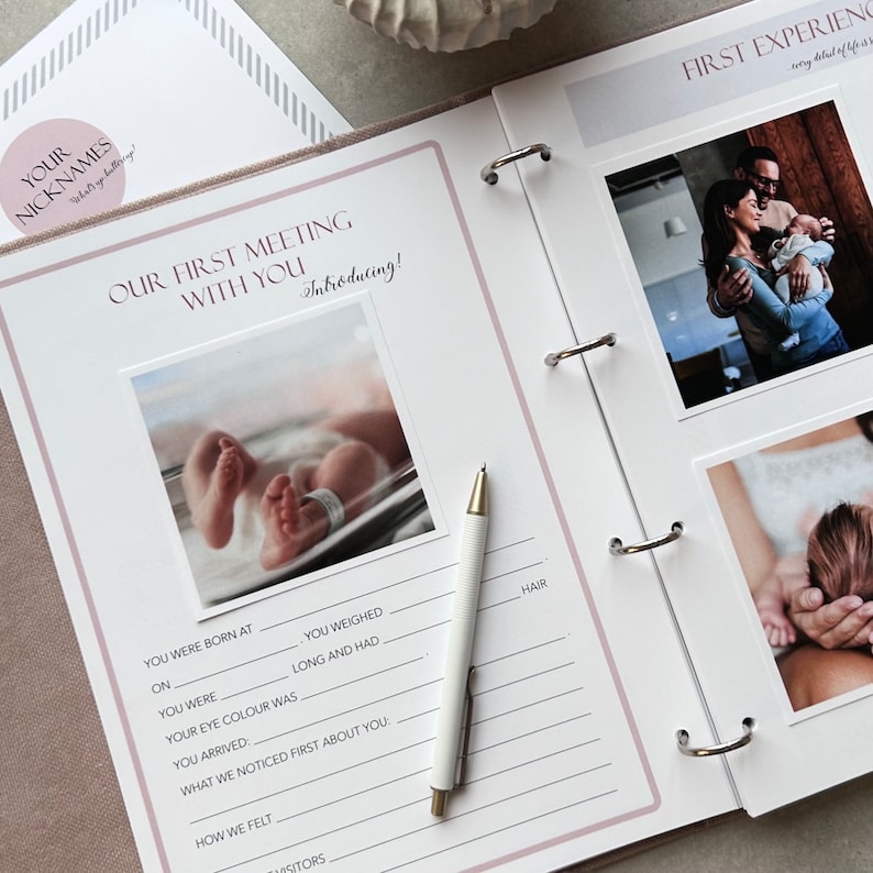 Inside pages of a handmade baby memory book designed to capture milestones and photo memories. Each page features dedicated spaces for firsts like smiles, steps, birthdays, and family moments. With its soft, minimal layout, parents can easily add, remove, or rearrange pages as their baby grows. Thoughtfully designed with photo areas and prompts for notes, this keepsake helps preserve every special moment from birth through the early years in a beautifully organized way.