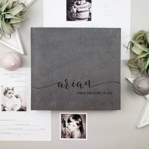 First Year Baby Memory Book, Dark Gray Modern Baby Shower Gift With Glitter Black Lettering, Gift For New Mom, Personalized Baby Book