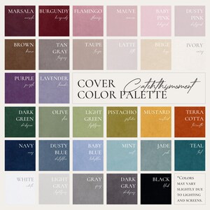 May include: A color palette featuring a variety of shades, including Marsala, Burgundy, Flamingo, Mauve, and Baby Pink. The text "Cover Color Palette" is displayed, along with the phrase "Catchthymoment". The palette includes colors like Olive, Mustard, and Teal.