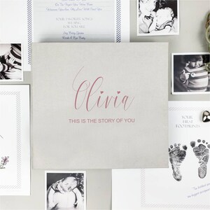 Personalized Baby Gift I Girl Baby Book I Light Grey Baby Album With Matte Rose Gold Lettering I Baby First Year - Five Year Journal