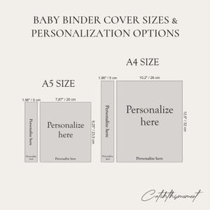 Baby binder cover size guide showing A5 and A4 options with labeled dimensions and personalization areas. Perfect gift for baby showers, baby registries, christenings, and first birthdays and new parents. New mom and Baby gift.
