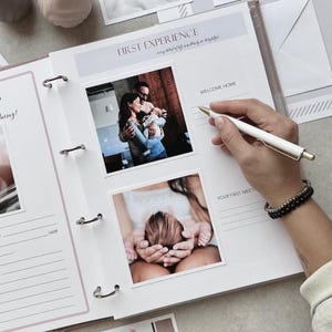 Inside pages of a handmade baby memory book binder created for capturing milestones and photo memories. Each page includes space for firsts like smiles, steps, birthdays, and family moments. The soft, minimal design allows parents to easily add, remove, and rearrange pages as their baby grows. Designed with photo areas and prompts for notes, this keepsake binder helps preserve every special moment from birth through the early years in a beautiful, organized way.