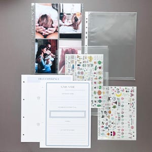 Inside pages of a handmade baby memory book binder created for capturing milestones and photo memories. Each page includes space for firsts like smiles, steps, birthdays, and family moments. The soft, minimal design allows parents to easily add, remove, and rearrange pages as their baby grows. Designed with photo areas and prompts for notes, this keepsake binder helps preserve every special moment from birth through the early years in a beautiful, organized way.