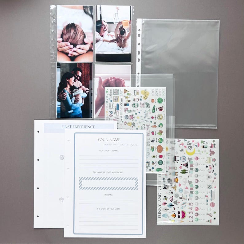 Inside pages of a handmade baby memory book binder created for capturing milestones and photo memories. Each page includes space for firsts like smiles, steps, birthdays, and family moments. The soft, minimal design allows parents to easily add, remove, and rearrange pages as their baby grows. Designed with photo areas and prompts for notes, this keepsake binder helps preserve every special moment from birth through the early years in a beautiful, organized way.