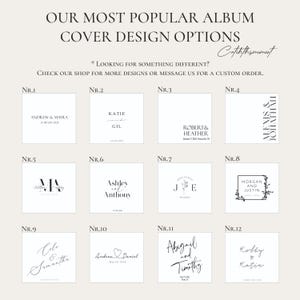 May include: A beige background with text that reads "OUR MOST POPULAR ALBUM COVER DESIGN OPTIONS." Below are 12 design options with names and dates. The text "Catchthymoment" is in the upper right corner.
