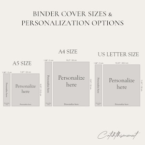 Puede incluir: Un diagrama titulado BINDER COVER SIZES & PERSONALIZATION OPTIONS muestra los tama&ntilde;os A5, A4 y US Letter. Cada uno incluye dimensiones en pulgadas y cent&iacute;metros, con &aacute;reas de texto que dicen Personalize here y Catchthemoment.