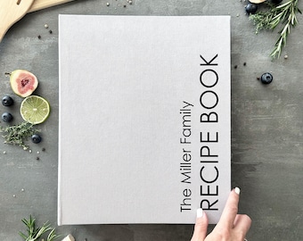 May include: A light gray recipe book with the text "The Miller Family RECIPE BOOK" in black. The book is surrounded by ingredients like figs, blueberries, and herbs. A hand is touching the book.