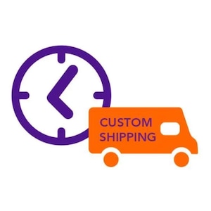 May include: Purple clock icon with a left-facing arrow and an orange truck icon with the text "CUSTOM SHIPPING" on it.