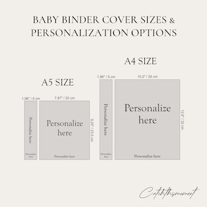 Baby binder cover size guide showing A5 and A4 options with labeled dimensions and personalization areas.