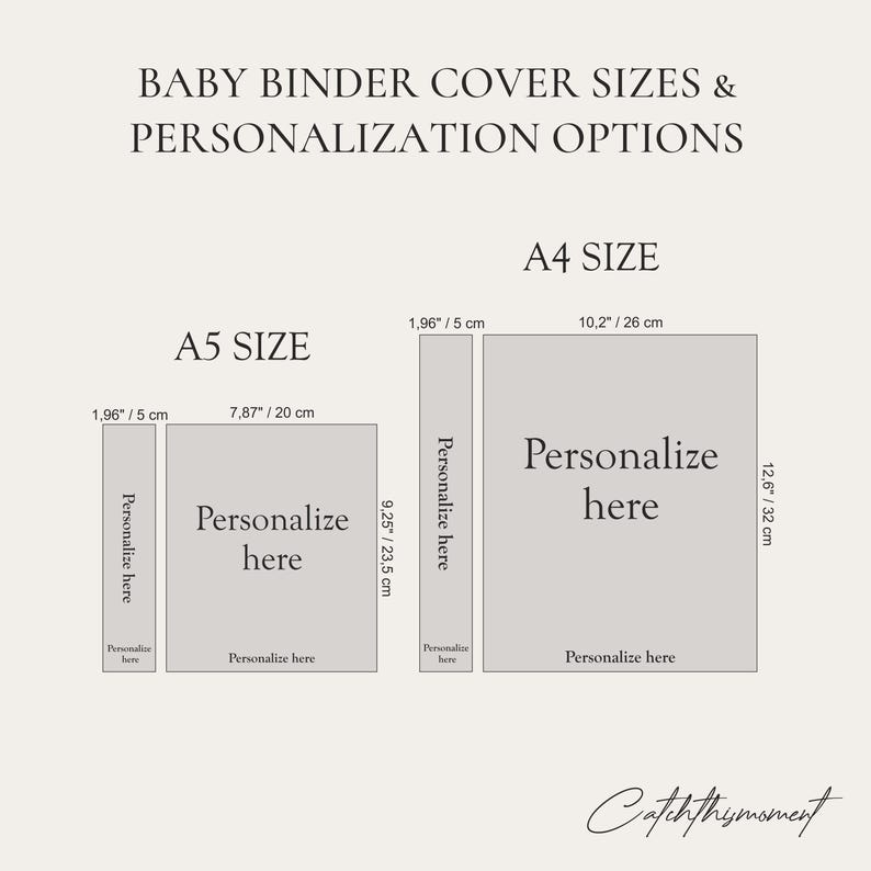 Baby binder cover size guide showing A5 and A4 options with labeled dimensions and personalization areas.