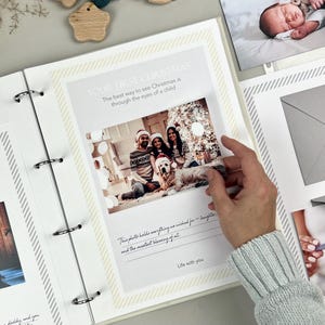 Inside pages of a handmade baby memory book binder created for capturing milestones and photo memories. Each page includes space for firsts like smiles, steps, birthdays, and family moments. The soft, minimal design allows parents to easily add, remove, and rearrange pages as their baby grows. Designed with photo areas and prompts for notes, this keepsake binder helps preserve every special moment from birth through the early years in a beautiful, organized way.