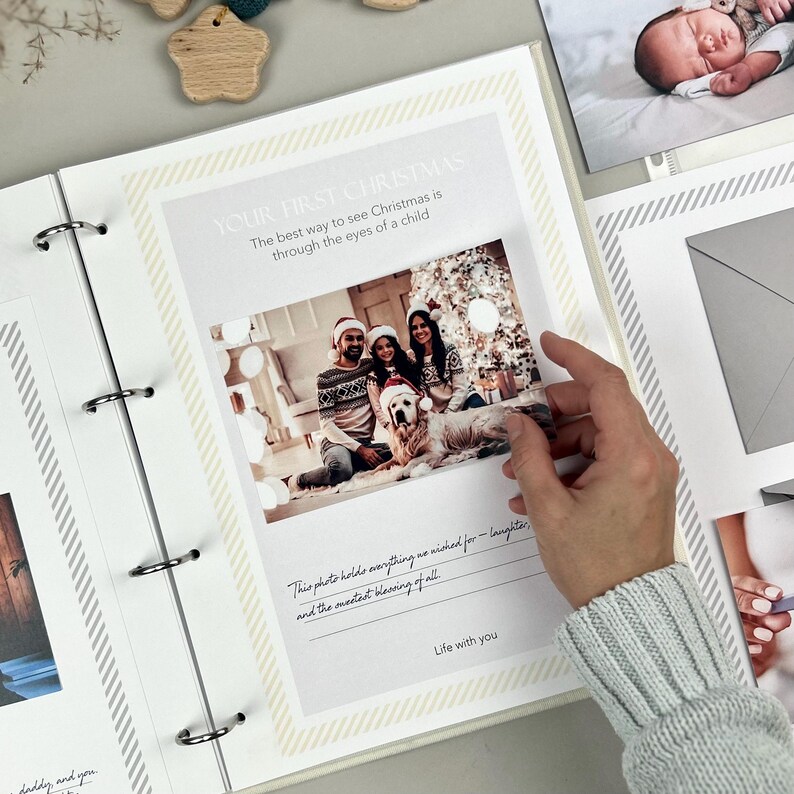 Inside pages of a handmade baby memory book binder created for capturing milestones and photo memories. Each page includes space for firsts like smiles, steps, birthdays, and family moments. The soft, minimal design allows parents to easily add, remove, and rearrange pages as their baby grows. Designed with photo areas and prompts for notes, this keepsake binder helps preserve every special moment from birth through the early years in a beautiful, organized way.