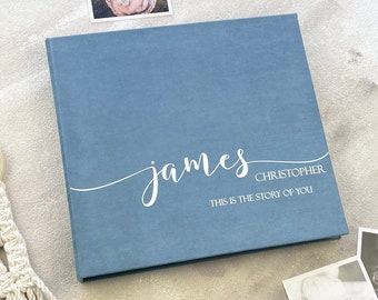 Dusty Blue Baby Boy First Year Baby Memory Book With White Lettering | Modern Baby Photo Album | Personalized Baby Book | Story Of You