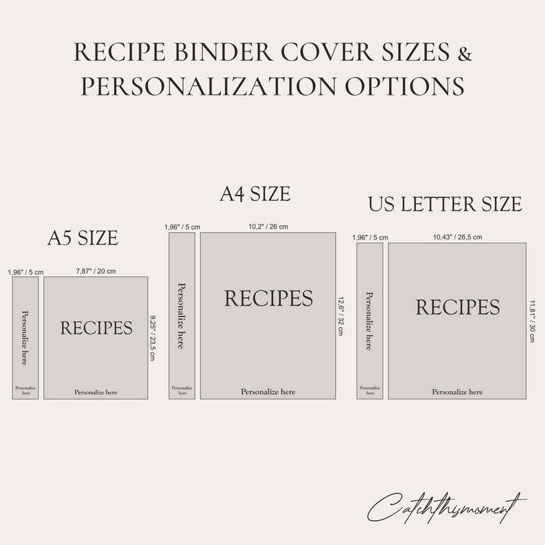 Recipe binder cover size guide showing A5, A4, and US Letter options with labeled dimensions and personalization areas.