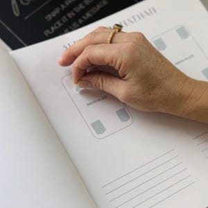 May include: A white photo album page with a "PHOTO PLACE" label. The page has a hand placing a photo in the designated area. The album has lines for writing and text that reads "SNAP A PHOTO, PLACE IT IN THE BOX, LEAVE US A MESSAGE".