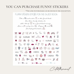 May include: A sheet of stickers with various emojis for a guest book. The stickers include hearts, bows, musical notes, and wedding-themed icons. Text at the top reads "YOU CAN PURCHASE FUNNY STICKERS" and "FUNNY STICKERS EMOJIS FOR THE GUEST BOOK."