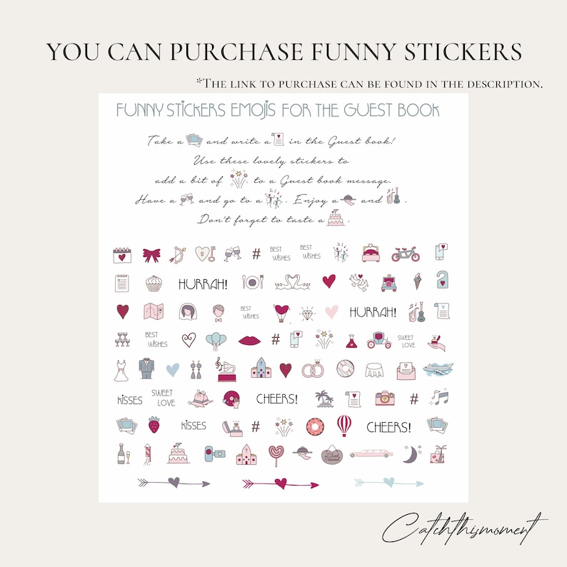 May include: A sheet of stickers with various emojis for a guest book. The stickers include hearts, bows, musical notes, and wedding-themed icons. Text at the top reads "YOU CAN PURCHASE FUNNY STICKERS" and "FUNNY STICKERS EMOJIS FOR THE GUEST BOOK."