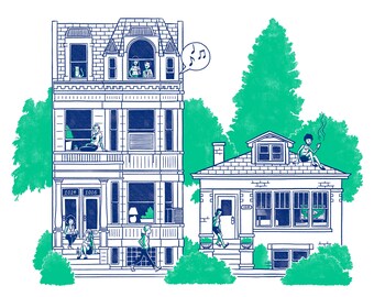 Puede incluir: Una ilustración azul y blanca de dos casas en una calle. La casa de la izquierda tiene los números 1014 y 1016 sobre la puerta principal. La casa de la derecha tiene una persona sentada en el techo.