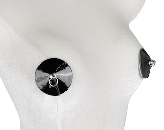 Vegan Leather Circle Nipple Pasties with Piercing / Black Nipple Pasties / Round Adhesive Pasties #30342