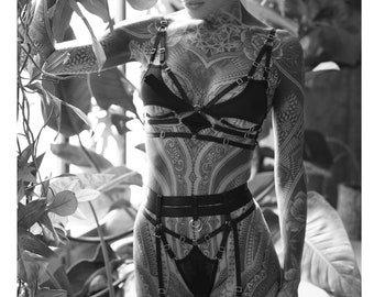 Fishnet Thong Panty with Detachable Thigh Garters - High Waist Adjustable - Annika