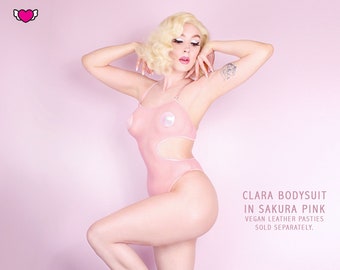 Mesh Bodysuit with Cutouts / Fishnet Monokini / Thong Back Bodysuit / See Thru Bodysuit in Sakura Pink, White & Nude Colors - Clara #20255
