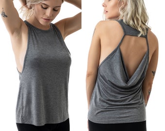 Gray workout tank/ Open back yoga tank/ Drape back top/ Backless shirt/ Sexy tank top/ Low side tank #10103 Drape Back Tank Top