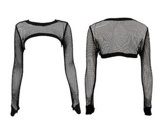 Shrug Mesh Top Fishnet Super Crop Top Long Sleeves / 90's Shrug /Rave Outfit / EDC Outfit - Kara #40006