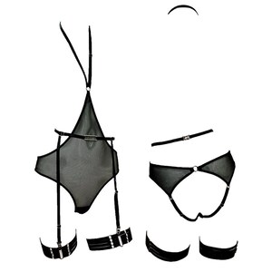 Sexy See Thru Lingerie Bodysuit With Ouvert Panty & Suspender Belt Set
