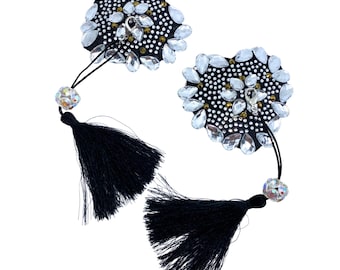 Black Heart Crystal Pasties: Vegan Leather Burlesque Nipple Covers with Detachable Tassels