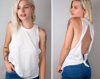 Tie Waist Twist Back Muscle Tank Top: Low Side, Open Back Workout Shirt - 10100