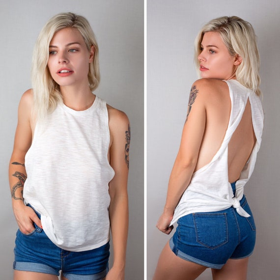 Tie Waist Twist Back Muscle Tank Top: Low Side, Open Back Workout