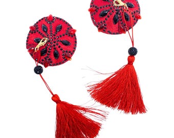 Red & Black Beaded Vegan Leather Pasties: Burlesque Nipple Covers with Tassels