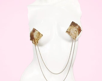 Metal Mesh with Chain Pasties - Gold Tone  / Gold Pasties / Nipple Covers / Performance Pasties - #30304