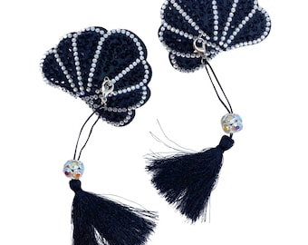 Shell Beaded Vegan Leather Pasties: Burlesque Nipple Covers with Detachable Tassels