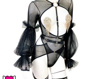 Black See Thru Bodysuit with Cut-Out Front & Detachable Tulle Sleeves / Sexy See Thru Bodysuit / Thong Bodysuit - Ava #20296