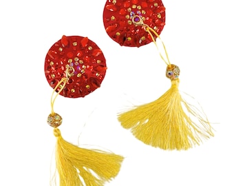 Red Beaded Vegan Leather Pasties: Burlesque Nipple Covers with Gold Tassels